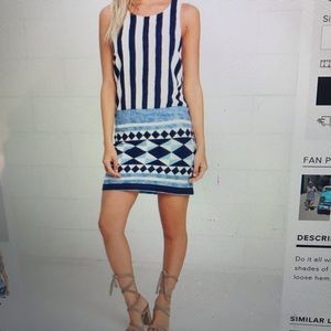 ivory and blue print shift dress